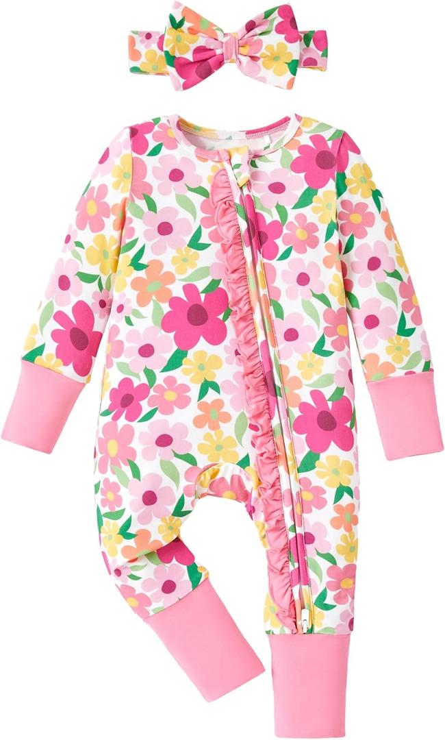 PATPAT Baby Girl Boy Footie Clothes, Bamboo Viscose, 2-Way Zipper, Fold-Over Mittens & Cuffs with Hat/Headband (XS)