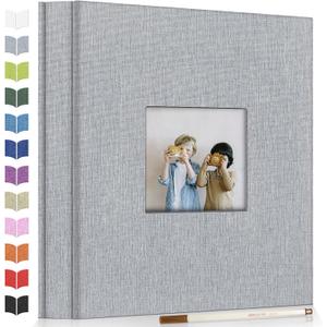 Photo Album Self Adhesive Scrapbook Album for 3x5 4x6 5x7 8x10 Pictures,60 Pages Linen Cover with Display Window DIY Photo Book, Ideal Gifts for Family Travel Wedding Baby (Grey)