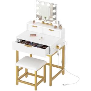 BOLUO Gold Makeup Vanity Desk with Hollywood Mirror and Lights, Girls Vanity Set with Stool, Compact Make Up Table with Drawers and Outlet for Bedroom Small Space