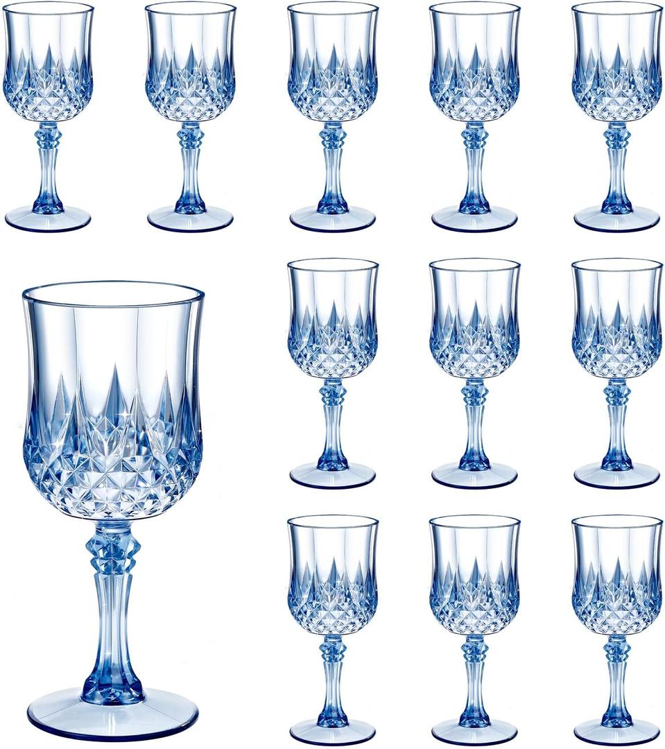 Dualshine 12 Pcs Blue Plastic Wine Glasses, Blue Transparent Plastic Goblets for Wedding Reception, Drinking Glasses for Parties, Valentine's Day, Birthdays