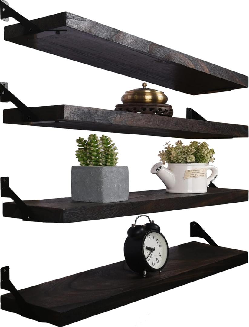 24 Inch Rustic Wood Floating Shelves for Wall Decor Farmhouse Wooden Wall Shelves for Bathroom Kitchen Bedroom Living Room Set of 4 Dark Brown