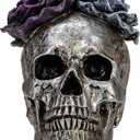WENYLE Halloween Skull Statues Home Decor Day of Dead Purple Grey Rose Silver Skull Resin Figurine Flower Skull Decor 7.25" L