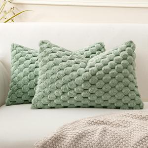 MIULEE Spring Sage Green Faux Fur Lumbar Decorative Throw Pillow Covers 16x16 Inch Set of 2 Super Soft Cozy Plush Cushion Cases Luxury Fluffy Pillowcases for Sofa Couch Bed Living Room, Sage Green