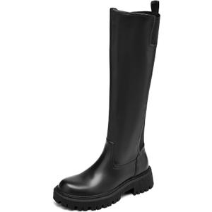 Women's Knee High Boots Fashion Platform Lug Sole Tall Riding Boots Comfortable Stretch Calf Dress Long Boots (11, Black)
