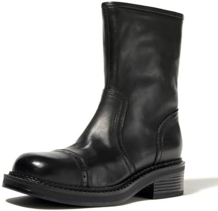 Women's Mid-Calf Cowboy Boots Western Style Zipper Boots Genuine Leather Chunky Heel Perfect for Skirts and Jeans, Black, 7