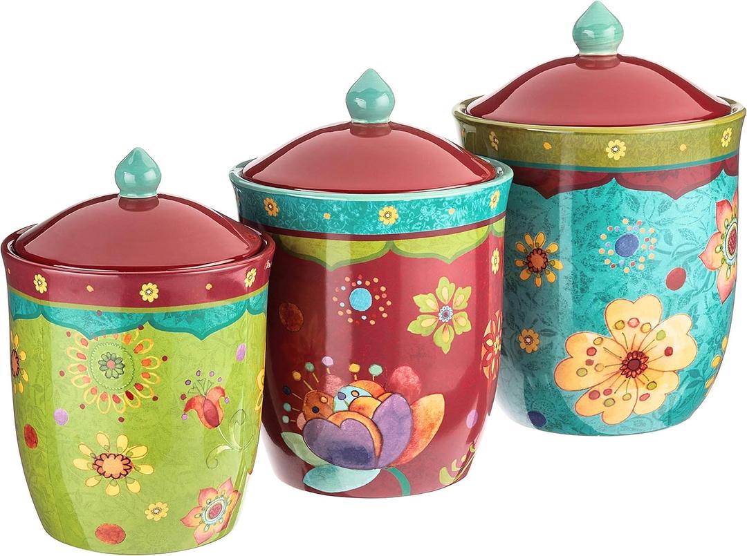 Tunisian Sunset 3-Piece Ceramic Canister Set  Colorful Floral Kitchen Storage Jars with Lids, Includes 104 oz., 72 oz., and 54 oz. Sizes for Flour, Sugar, Coffee & Dry Goods