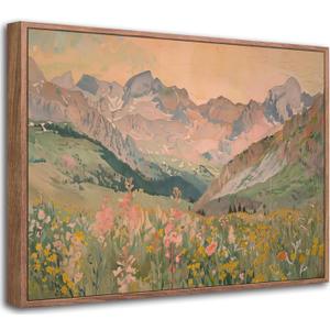 Framed Boho Mountain Canvas Wall Art, Vintage Wildflower Landscape 16x24in