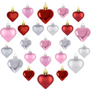 2 x Melisheer 24pcs Valentines Day Heart Ornaments, Classic Red Pink Silver Shaped Hanging Baubles with 2 Sizes, Valentine's Decorations for Tree, Love Decor Outdoor Wedding Party Gift