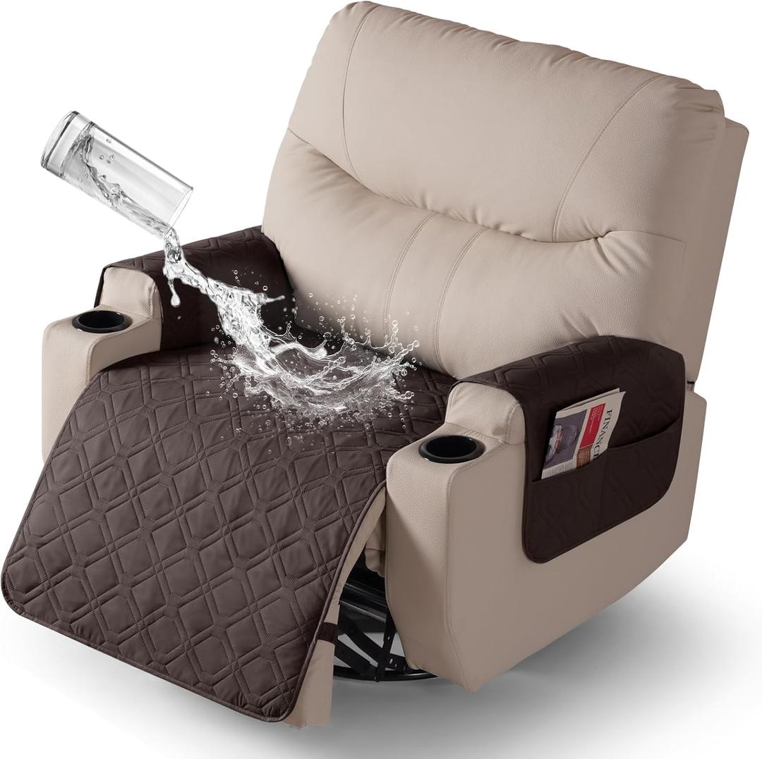 VANSOFY Recliner Chair Covers 100% Waterproof Seat Cover with Arm Reclining Cover Non-Slip Recliner Chair Covers Furniture Protector Washable Slipcover with Pocket for Pets, Dogs(Chocolate, 28")