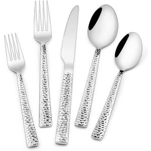 Hammered Silverware Set, 40-Piece Stainless Steel Square Flatware Set for 8, Food-Grade Tableware Cutlery Set, Utensil Sets for Home Restaurant, Mirror Finish, Dishwasher Safe