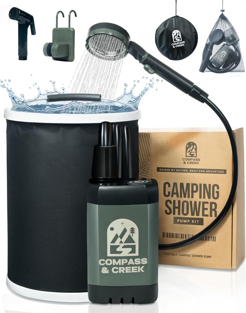 Portable Camping Shower Pump Rechargeable High Pressure Kit with 90 Min Battery, 3.9 Gal Collapsible Bucket, Dual Heads for Shower & Cleaning, Shower Head Holder & Carry Bag Essential Camping Kit