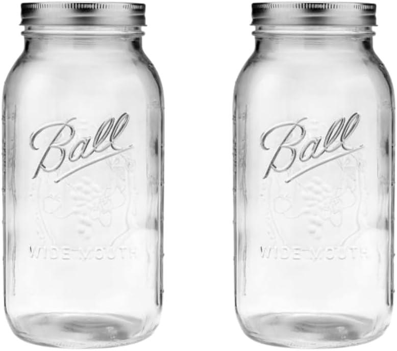 Ball Wide Mouth Glass Mason Jars with Lids and Bands, Used for Canning, Pickling, Juice, Jam, Jelly, Half Gallon Size 64 Ounce (Pack of 2)