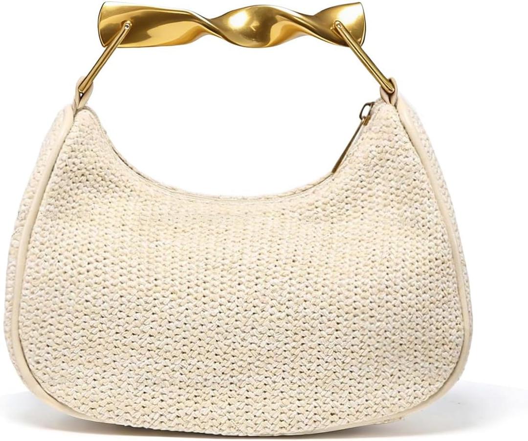 Straw Bag for Women,Boho Chic Woven Hobo Tote Handbag,Handmade Straw Crescent Satchel Purse,Mini Summer Beach Bag