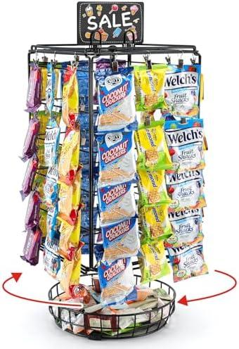 vefix Chip Rack Display Stand, 5 Tiers 60 Clips Snack Retail Display Rack, 360° Rotation Snack Retail Display Rack, Potato Chip Rack, Candy Display Rack, Chip Holder-with Basket