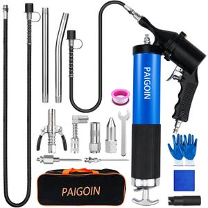 Pneumatic Grease Kit 6000 PSI Heavy Duty 14 OZ Pistol Grip Grease Guns with 19" & 28" Spring Flex Hose, Quick Release Coupler,90 Degree Adapter,2 Needle Tips,2 Nozzles,2 Extension Tubes (Blue+ Black)