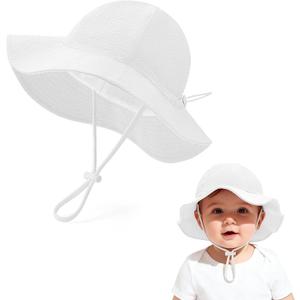 Zando Seersucker Baby Girl Boy Sun Hat UPF 50+ Toddler Bucket Hat Sun Protection Infant Kids Adjustable Breathable Beach Cap (White)