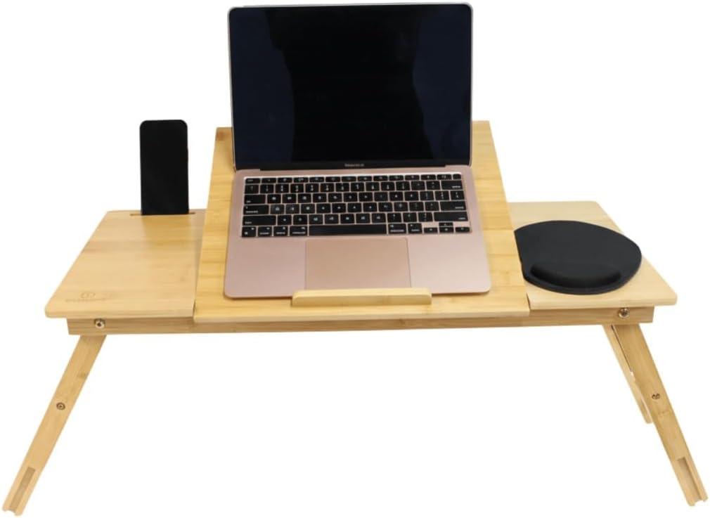  Bamboo Lap Desk, Laptop Desk, Portable Workstation, Adjustable Height Angle, Foldable Tray for Couch Bed Floor, Drawer with Magnetic Closure, Mouse Pad, Phone Slot, Leather Handle