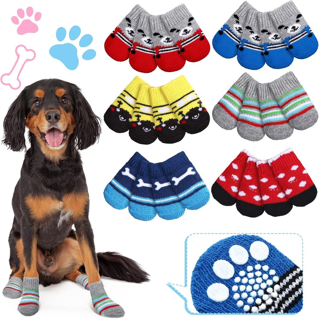 Sadnyy 24 Pcs Non Slip Dog Socks for Small Puppy Pet 6 Styles Anti Slip Puppy Cat Pet Booties Paw Cover with Grips Paw Protector for Hot Pavement Floors Prevents Scratching Licking Wound (Small)