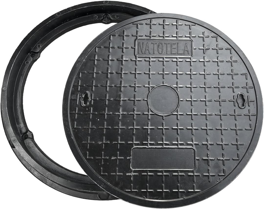 Natotela 27.6in Round Manhole Cover and Frame, Fiberglass Recessed Solid Top Cover with Base Size 31in,25in Clear Opening,Septic Tank Cover and Base for yard, Non-slip Reinforced Sewage Basin Cover (Black)
