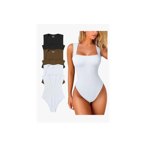 OQQ Women's 3 Piece Bodysuits Sexy Ribbed Strappy Square Neck Sleeveless Tummy Control Tank Tops Bodysuits large