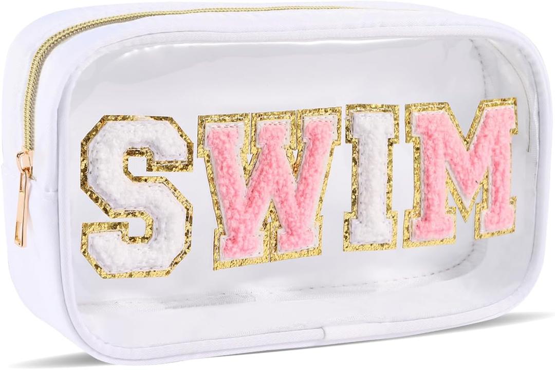 Swim Pouch Bag Clear Makeup Bags with Zipper Preppy Chenille Letter Patch Cosmetic Bag Beach Pool Zipper Pouch Summer Organizer Toiletry Bag for Women Girl Gifts