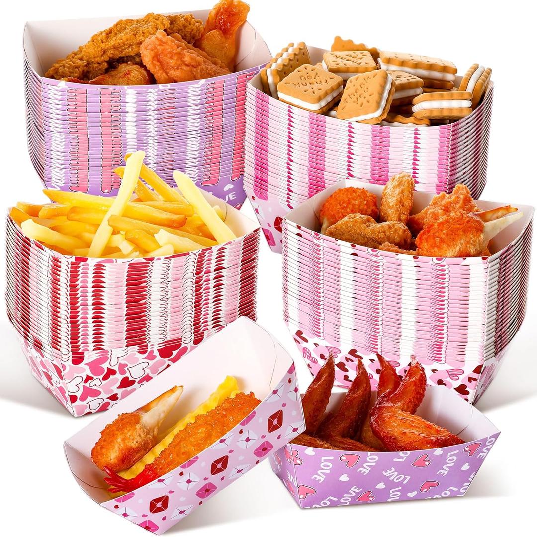 Honeydak 100 Pieces Mother's Day Heart Pattern Paper Food Trays Disposable Nacho Container Paper Boats Serving Trays for Hot Dog Popcorn Taco Snack Candy Food Container Party Supplies
