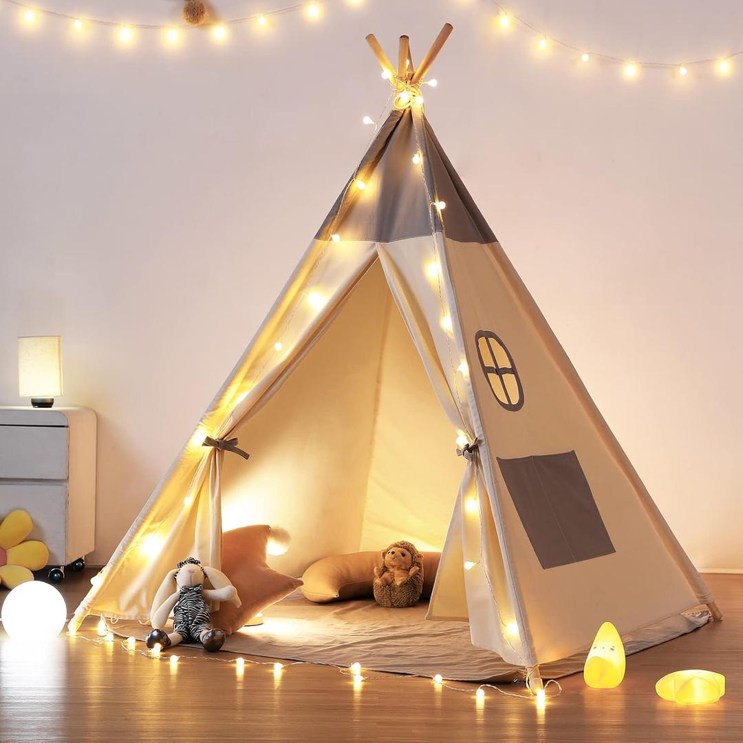 besrey Teepee Tent for Kids with Light & Mat, Toddler Tents Indoor Play Tent Playhouse, Toddler Tipi Cotton, tee Pee Tents for Kids Indoor, Boys & Girls Teepee,Children Room Playhouse, thin mat