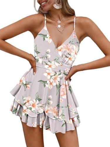 Fixmatti Women Spaghetti Strap Romper V Neck Backless Ruffle Chiffon Shorts Jumpsuit Playsuit, Extra Large, Floral 