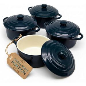 Kook Ceramic Mini Cocotte Set, Small Casserole Dishes with Lids and Handles, Individual Baking Ramekins, Oven safe 350F, Microwave & Dishwasher Safe, Stoneware, 12 oz, Set of 4, (Navy)