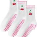 Mokde Mondge Pilates Socks with Non-Slip Grips Yoga Grippy Barre Workout Athletic Crew Anti-Slip Grip Socks for Women (US, Numeric, 5, 10, Regular, Regular, 3 Pairs pink cherry)