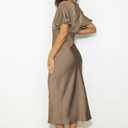 Satin V Neck Puffy Sleeves Silk Midi Dresses Empire Waist Elegant Tie Back Formal Cocktail Dress for Women Wedding Guest (Beige, L)