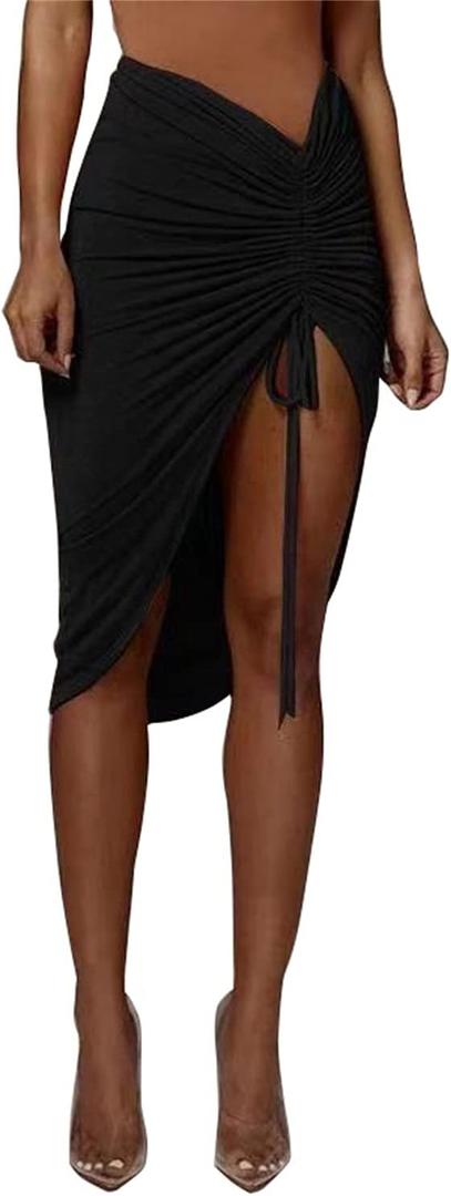 PRIMODA Women's Asymmetrical Bodycon Drawstring Ruched Midi Skirt with Thigh High Slit, Black, S