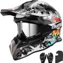OUMURS DOT Adult Dirt Bike Helmet with Goggles Gloves & Mask Adjustable Sun Visor Motorcycle Adult ATV Helmet Off-Road Motocross Downhill Moped MX BMX for Unisex Adult-188-White Cowboy, M