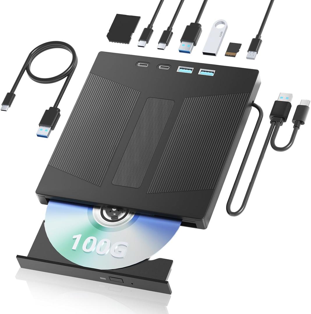 7-in-1 External Blu Ray Drive,USB 3.0&Type-C External Bluray/DVD Burner & SD/TF Card Reader,Support 100G Disc R/W for PC External Bluray Drive Compatible with Windows Mac Linux Laptop Desktop