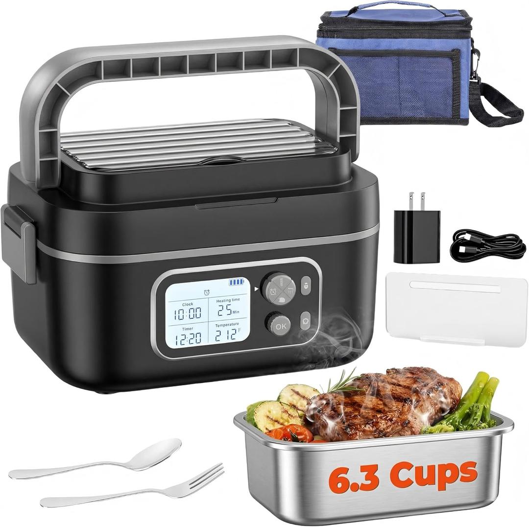 Cordless Electric Lunch Box for Adults, [24,000 mAh, 6.3 Cups], 100W Heated Lunch Box for Men with Scheduled Heating and Memory, Max 212F, Portable Food Warmer for Blue-Collar, Truck, Office, Picnic