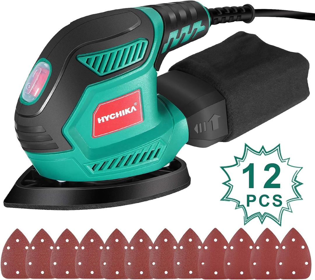 HYCHIKA Detail Sander, 14,000 OPM Compact Electric Sander Tool with 12 Pcs Sandpapers, Efficiency Dust Collection System, Suitable for Tight Spaces Sanding ,Polishing, Removing Paint in Home Decoration