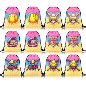 Sunnymove 12 Pcs Ice Cream Drip Softball Drawstring Bag with Handle 7.5'' x 10'' Softball Drip Goodie Bag Bulk Ice Cream Party Favors Sport Themed Team Birthday Party Supply for Treat Candy Snack