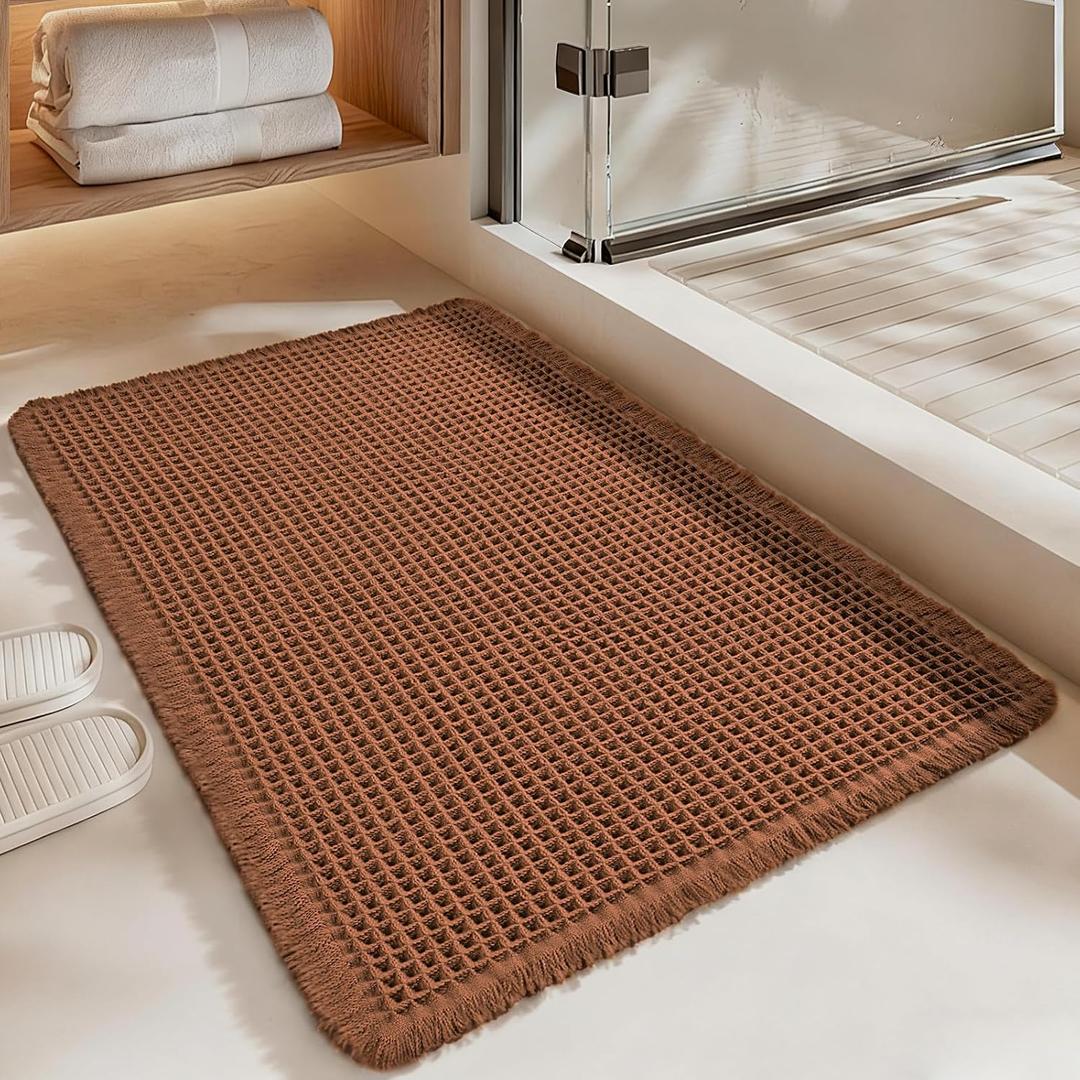 Luxury Waffle Bath Mat, Super Absorbent Non Slip Bathroom Rugs, Boho Ultra Soft Comfort Machine Washable Quick Dry Floor Mats with Tassels Coffee, 17" x 24"