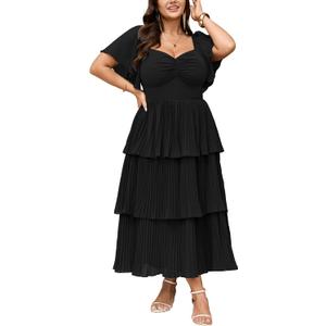 SCOMCHIC Women's Plus Size Formal Wedding Guest Evening Party Dress Short Sleeve Pleated Tiered Chiffon Bridesmaid Dresses (Black, L)