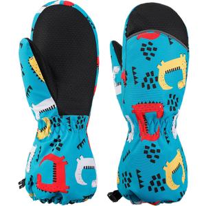 Kids Mittens - Waterproof Warm Winter Gloves for Boys and Girls, Thermal Insulated for Snow Play & Cold Weather (S-(3-5 Years), Green Dinosaur)