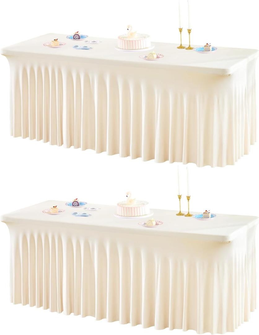 2 Packs Ivory Table Clothes for 4 Foot Rectangle Tables, One-Piece Wrinkle Resistant Stretch Spandex Table Covers with Skirt for Event Banquet Wedding Birthday Party
