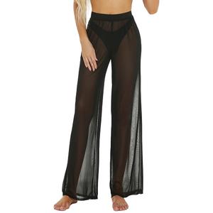 Awoscut Women See Through Sheer Mesh Pants Beach Swimsuit Bikini Bottom Cover up Party Club Elastic High Waist Wide Leg Pants M