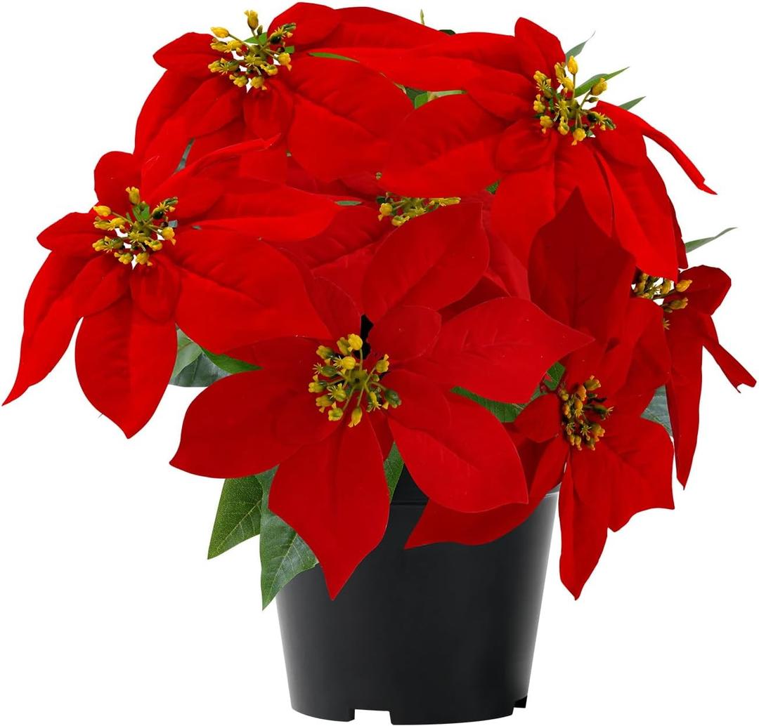 ZYZEV 14" Poinsettias Artificial Christmas Flowers 9 Heads Faux Poinsettia Plants for Home Porch Garden Office Indoor Outdoor Christmas Decorations Red (1PC)