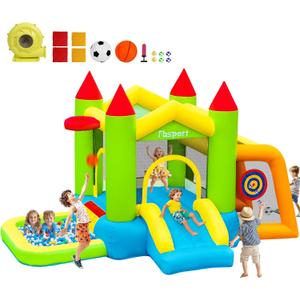 FBSPORT Inflatable Bounce House with Slide for Kids, Blow up Bouncy House Bouncer Castle with Ball Pit, Jumping and Soccer Area, Sandbag Toss, Ball Shooting, Basketball Hoop for Indoor Outdoor