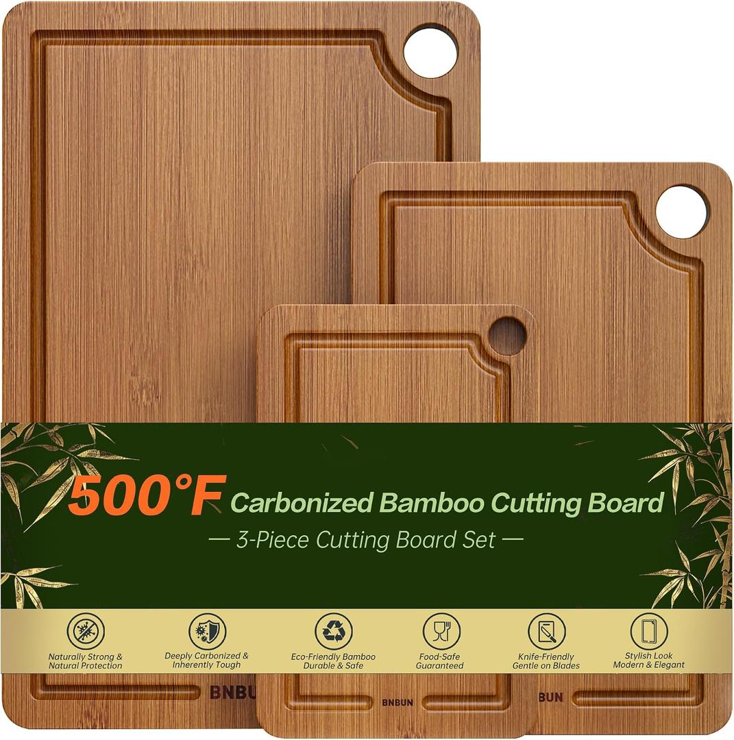 Bamboo Wood Cutting Board for Kitchen Bread Boards 3-Piece Wooden Boards with Juice Grooves, Side Handles