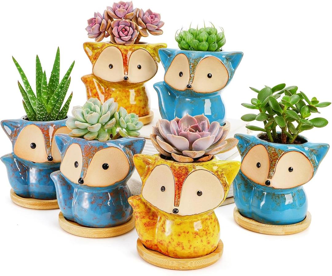 Dicunoy 6 Pack Mini Animal Succulent Planters with Bamboo Tray, 4" Ceramic Fox Flower Pots with Drainage Hole, Cute Cactus Planter for Indoor Plants, Home, Office, Window Decoration
