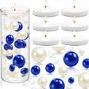 200 Pcs Floating Pearls and 6 Pcs Floating Candles NO Hole Pearls for Vases Candles for Centerpieces Home Weddings Table Party Decor (White, Blue)