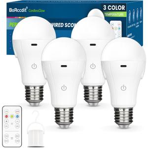 CordlessGlow 15W A19 Rechargeable Light Bulbs with Remote, 3 Color Temperatures + Dimmable Battery Powered Light Bulbs,up to 24 Hours