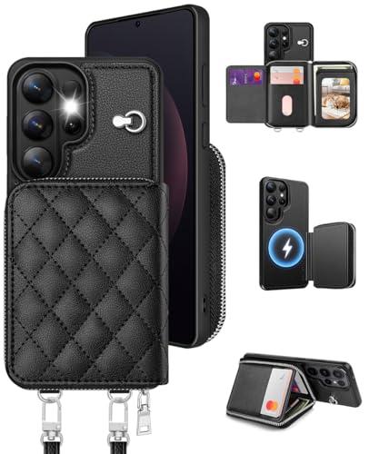 OCASE Compatible with Samsung Galaxy S26 Ultra Crossbody Wallet Case with Card Holder, PU Leather Zipper Handbag Magnetic Phone Purse with RFID Blocking Kickstand Wrist Strap Lanyard, Black