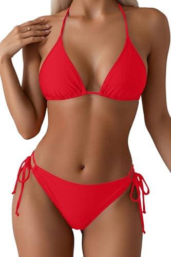 Women Red Triangle Bikini Sets Halter Two Piece Sexy Swimsuit String Tie Side Bathing Suit M
